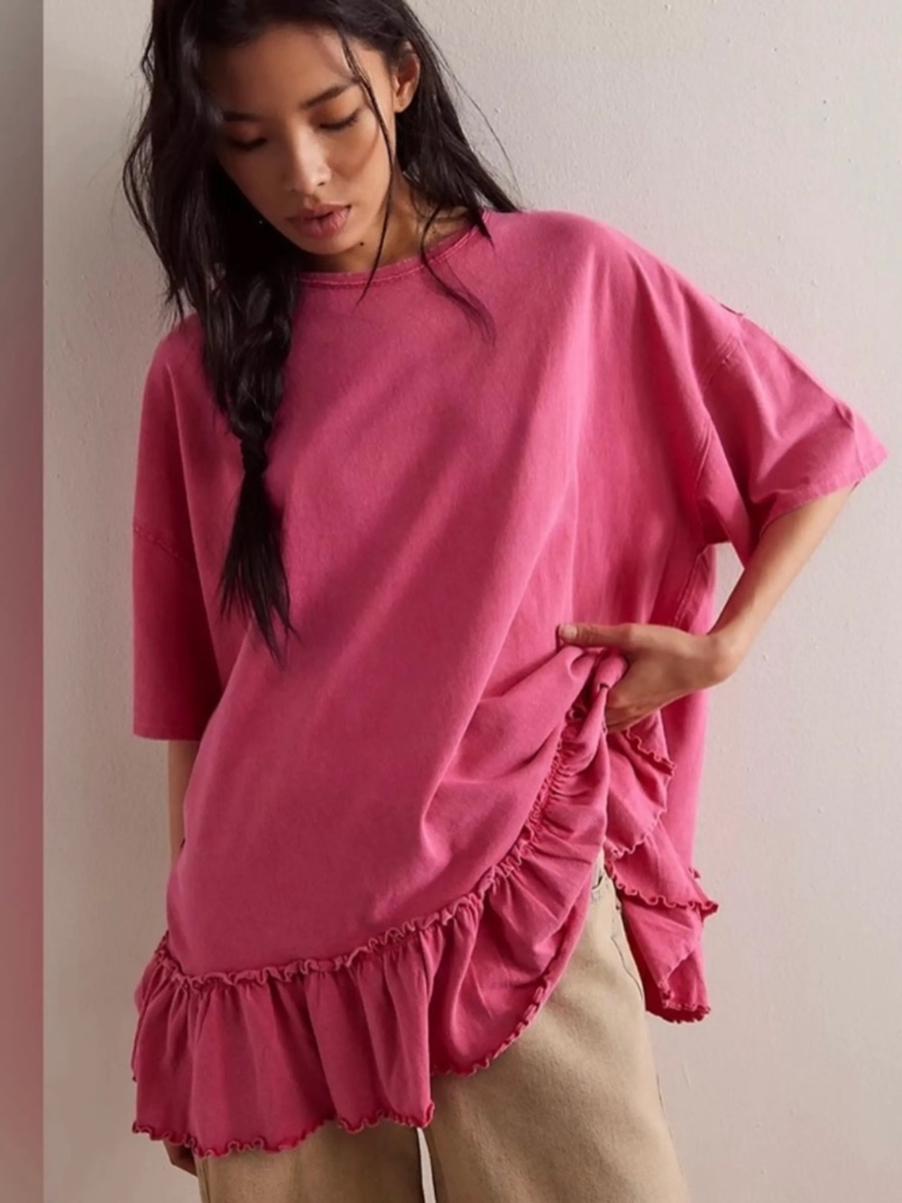 We The Free Pink Ruffle-Hem Oversized Short Sleeve Tee